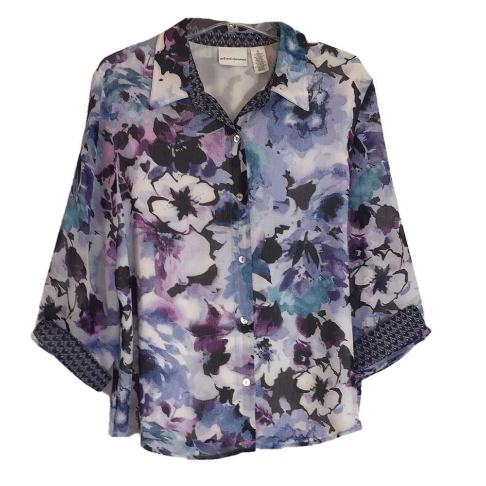 ALFRED DUNNER Floral Sz 18 3/4 Sleeve Pit to Pit 24 1/2 " Blues Preworn